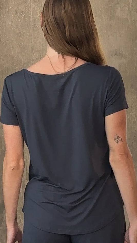 Women’s bamboo lounge set featuring a breathable crewneck t-shirt and elastic-waist shorts for relaxed indoor and outdoor wear