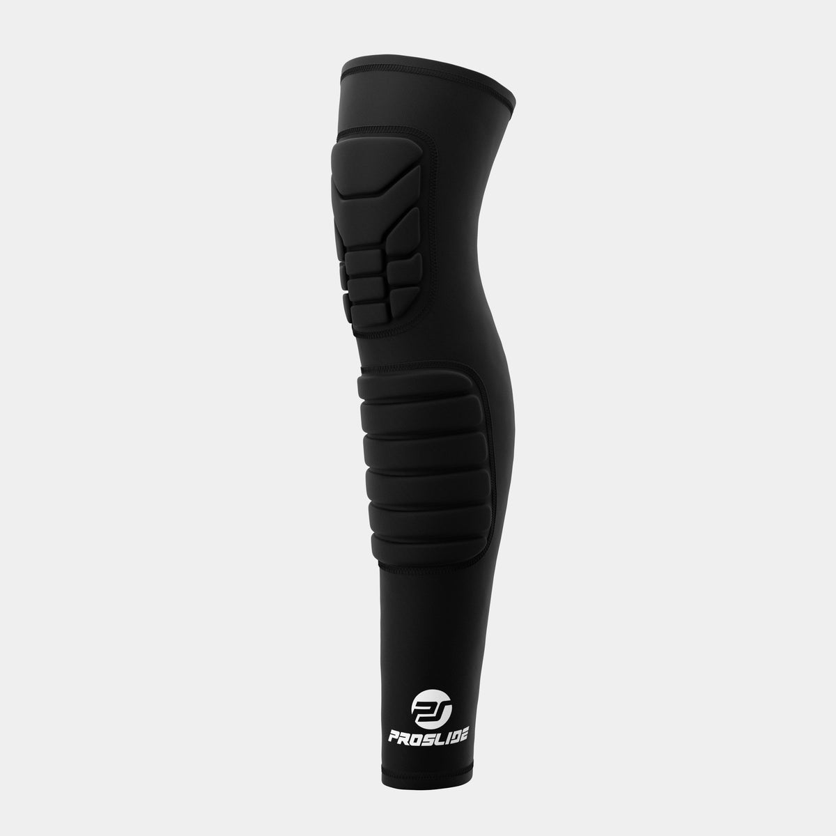 Shin and knee sleeve in black stretch fabric with segmented foam pads, ProSlide Padded Compression design and white logo