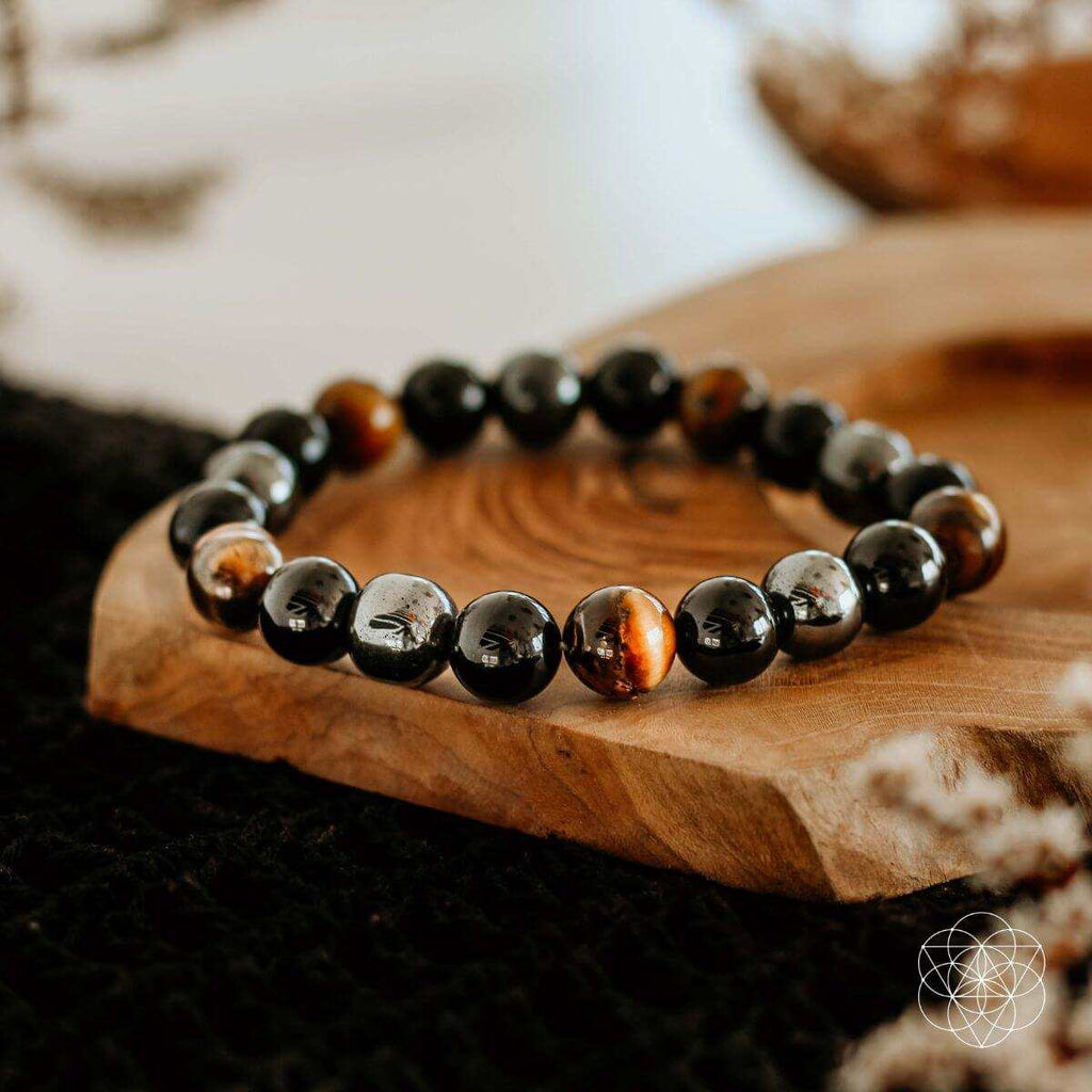 Triple Protection Bracelet with Hematite, Black Obsidian, and Tiger’s Eye gemstones for energetic balance and protection