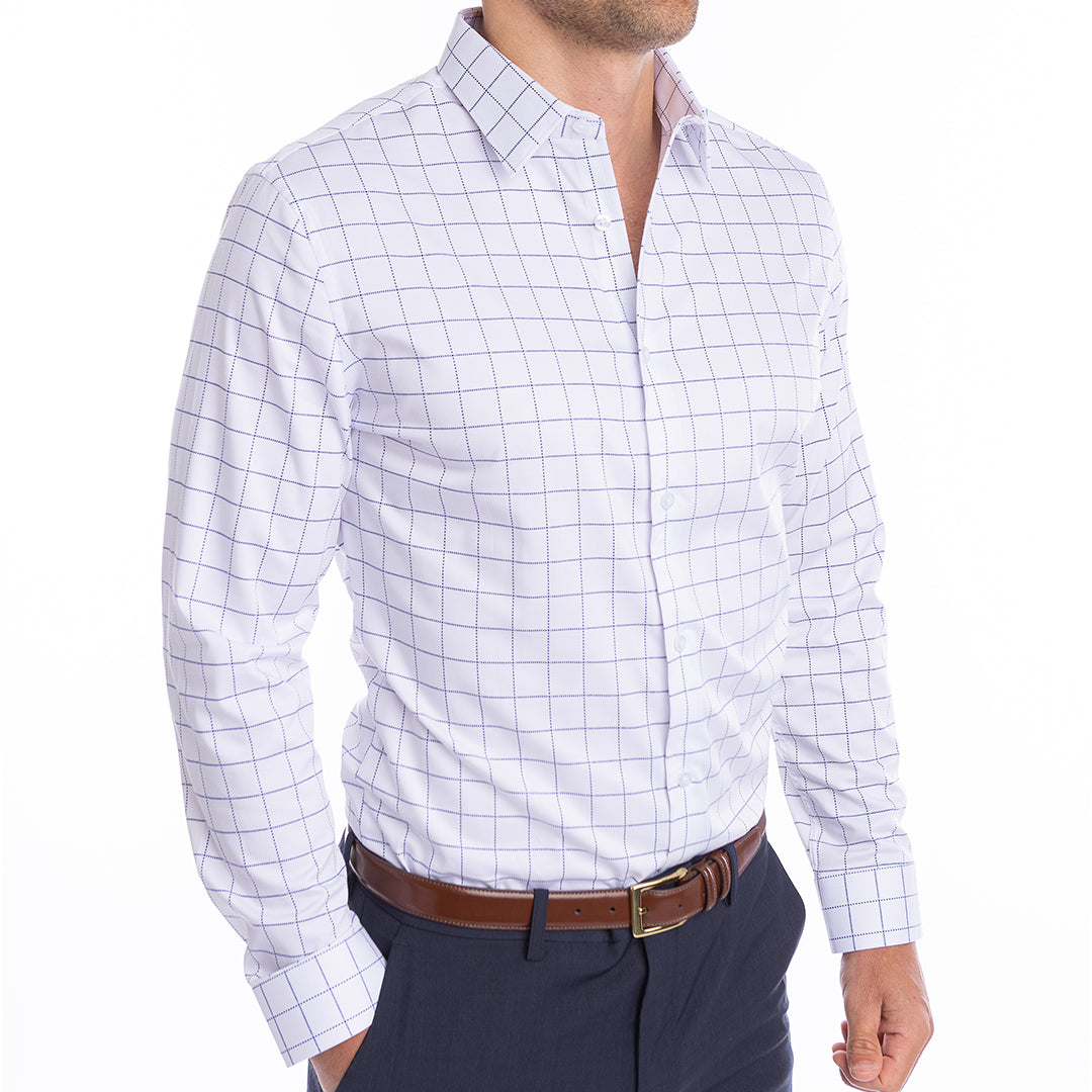 White goTIELESS Ultimate Dress Shirt with navy windowpane pattern designed for professionals, featuring a structured collar and convertible cuffs.