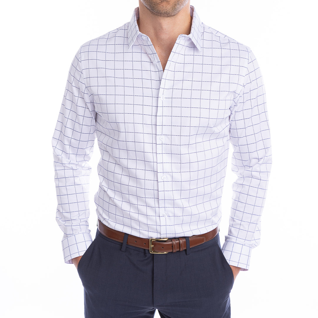 White and navy windowpane goTIELESS Ultimate Dress Shirt with structured collar and convertible cuffs